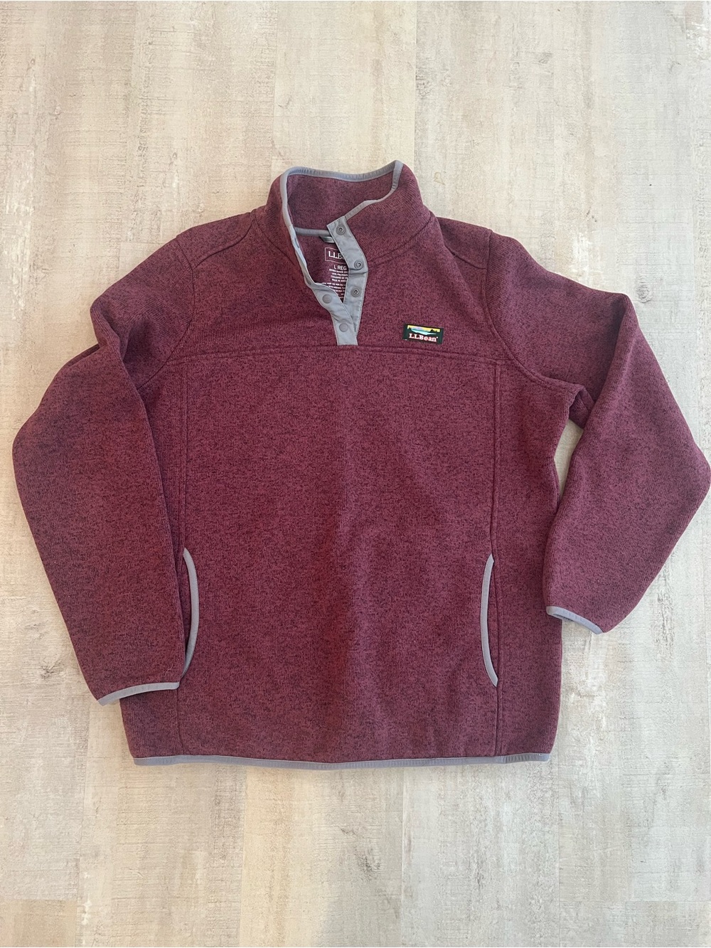 L.L. Bean Women's Maroon Heather Snap-Front Fleece Pullover with Gray Trim